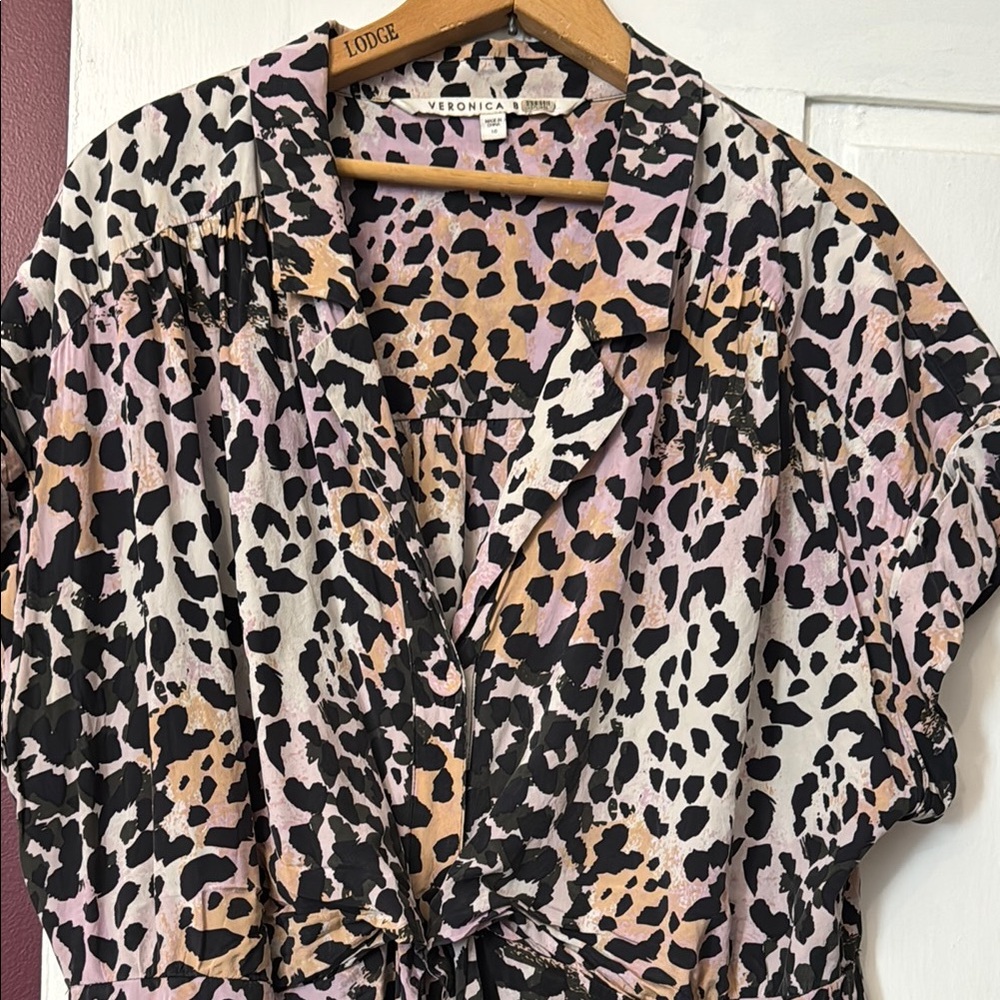 Veronica Beard Multicolor Leopard Front Tie Shirt Dress